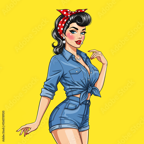 Adobe Illustrator vector flat style illustration of a confident, sexy pin-up girl in a tied denim shirt and shorts, embodying classic pop art and retro flair