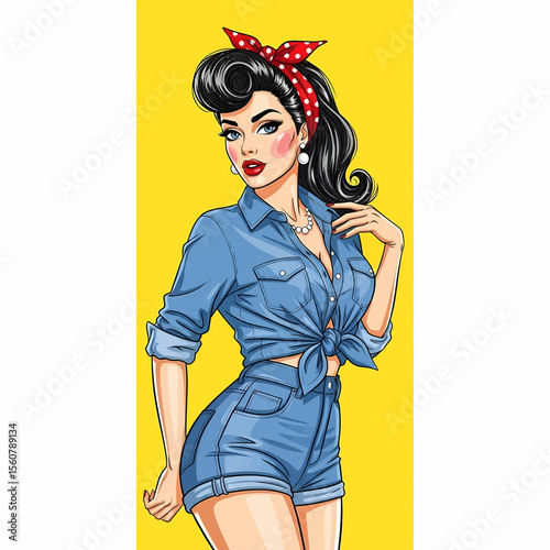 Adobe Illustrator vector flat style illustration of a confident, sexy pin-up girl in a tied denim shirt and shorts, embodying classic pop art and retro flair