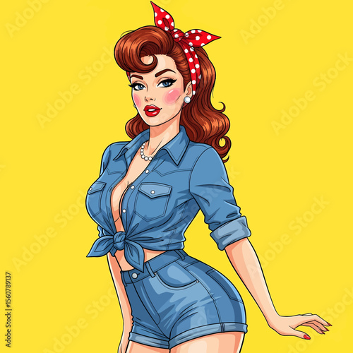 Adobe Illustrator vector flat style illustration of a confident, sexy pin-up girl in a tied denim shirt and shorts, embodying classic pop art and retro flair