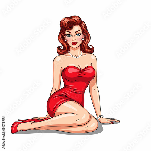 Adobe Illustrator vector flat style illustration of a glamorous, sexy pin-up girl with blonde hair and a red swimsuit, showcasing retro pop art elegance. Ideal for vintage designs