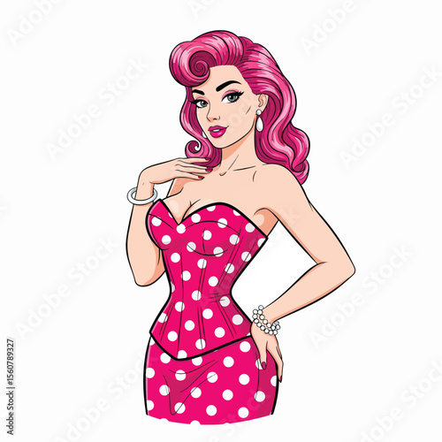 Adobe illustrator vector flat style illustration of a sexy pin-up girl in a pink polka dot dress with a pop art vibe, perfect for vintage-inspired designs