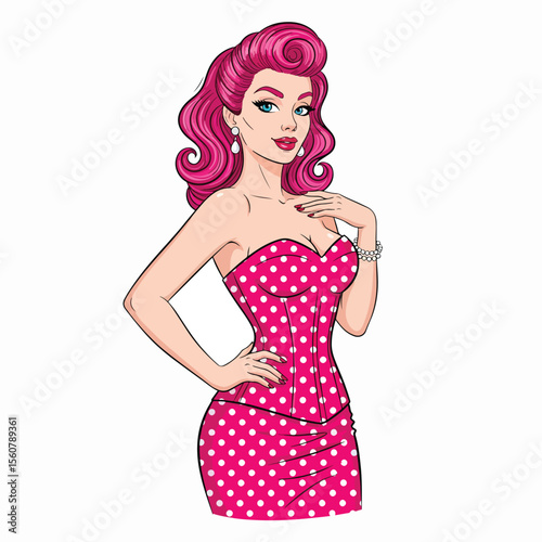 Adobe illustrator vector flat style illustration of a sexy pin-up girl in a pink polka dot dress with a pop art vibe, perfect for vintage-inspired designs