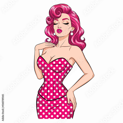 Adobe illustrator vector flat style illustration of a sexy pin-up girl in a pink polka dot dress with a pop art vibe, perfect for vintage-inspired designs