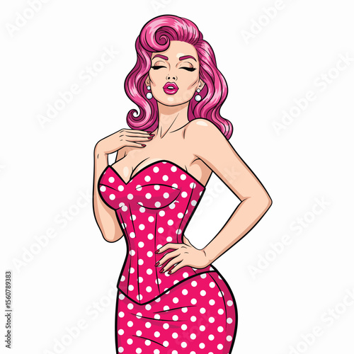 Adobe illustrator vector flat style illustration of a sexy pin-up girl in a pink polka dot dress with a pop art vibe, perfect for vintage-inspired designs