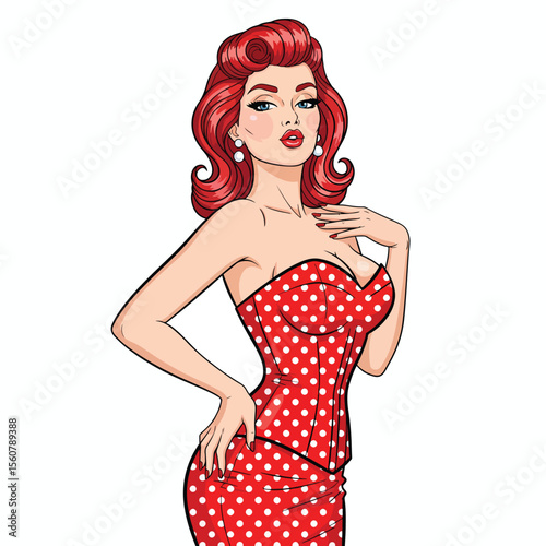 Adobe illustrator vector flat style illustration of a sexy pin-up girl in a pink polka dot dress with a pop art vibe, perfect for vintage-inspired designs