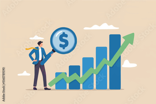 Man examining financial growth chart with magnifying glass isolated on transparent background