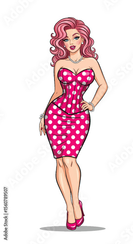 Adobe illustrator vector flat style illustration of a sexy pin-up girl in a pink polka dot dress with a pop art vibe, perfect for vintage-inspired designs