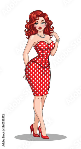 Adobe illustrator vector flat style illustration of a sexy pin-up girl in a pink polka dot dress with a pop art vibe, perfect for vintage-inspired designs