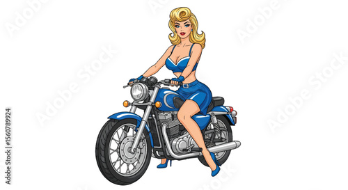 Adobe illustrator vector flat style illustration of a sexy glamorous pin-up girl  posing on a classic motorcycle in a pop art style