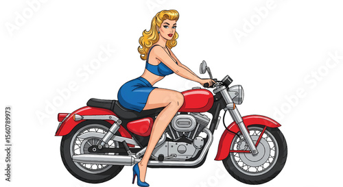 Adobe illustrator vector flat style illustration of a sexy glamorous pin-up girl  posing on a classic motorcycle in a pop art style