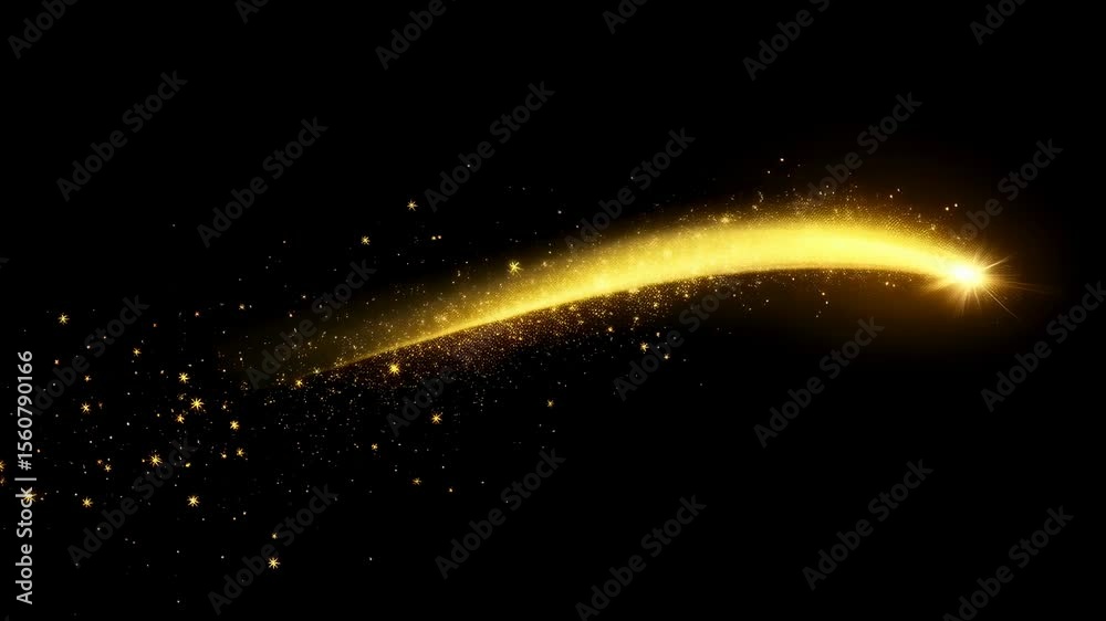 Golden comet trail illuminates night sky with sparkling particles and dynamic arc motion