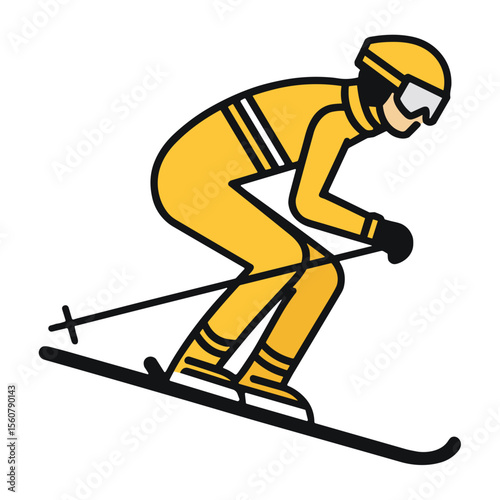 Skiing athlete illustration in flat style, yellow outfit, winter sports and active lifestyle concept