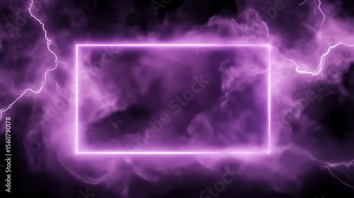 Electrifying purple neon frame surrounded by energetic smoke and lightning pulses