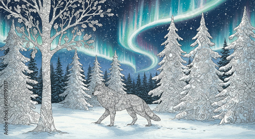 Majestic Winter Wolf Under the Aurora Borealis