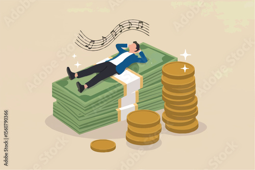 Man relaxing on a pile of money with coins and music notes isolated on transparent background