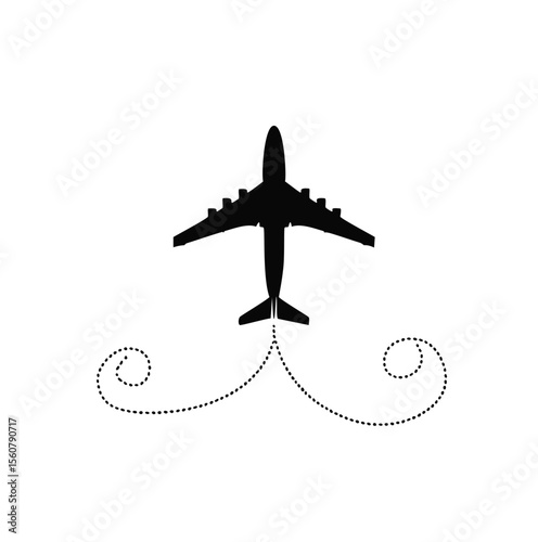Black airplane silhouette with dotted flight paths aircraft travel