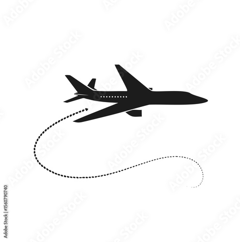Black silhouette of a jet airplane with a dotted flight path aircraft travel