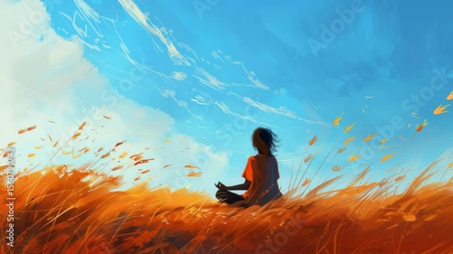 Peaceful Meditation Scene in Vibrant Field Beneath Blue Sky Capturing Calm and Mindful Atmosphere