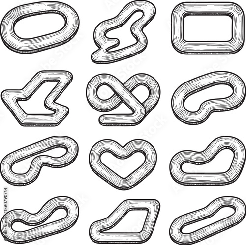 Explore unique race track designs with twists, turns, and loops, perfect for motorsport enthusiasts and graphic art projects