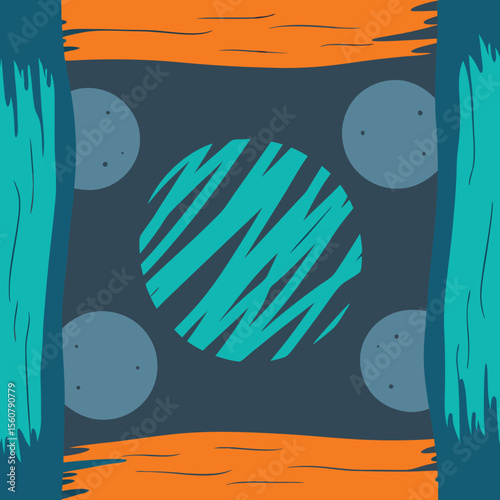Abstract composition with geometric shapes and colorful decorative elements