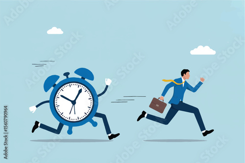 Flat cartoon vector illustration of a businessman running from a chasing alarm clock isolated on transparent background