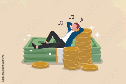 Man relaxing on stacks of money and coins isolated on transparent background