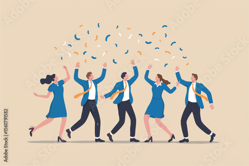 Flat cartoon vector illustration of a diverse group of people celebrating and throwing confetti isolated on transparent background