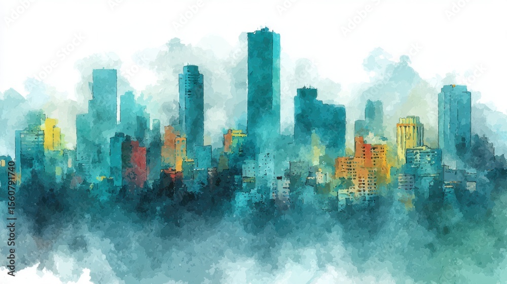 Fototapeta premium A vibrant city skyline features tall buildings painted in various colors, enveloped in a soft mist. This artwork captures the essence of a bustling urban landscape during twilight.