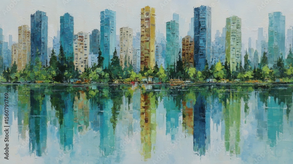 Obraz premium Tall buildings in various colors rise along the water's edge, reflecting beautifully on the still surface. Lush trees provide a contrast to the urban backdrop, creating a serene atmosphere.