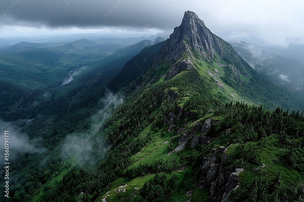 Obraz premium Serene green mountain peak in foggy aerial landscape 