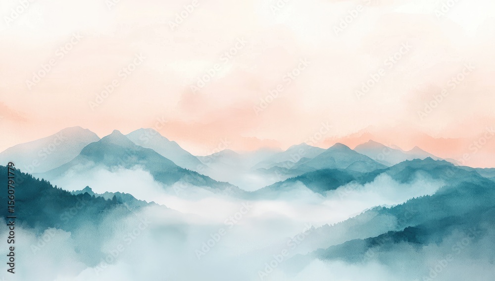 Obraz premium Misty mountain range at dawn. Soft pastel hues of peach and teal paint a serene landscape, with layers of hazy mountains and clouds