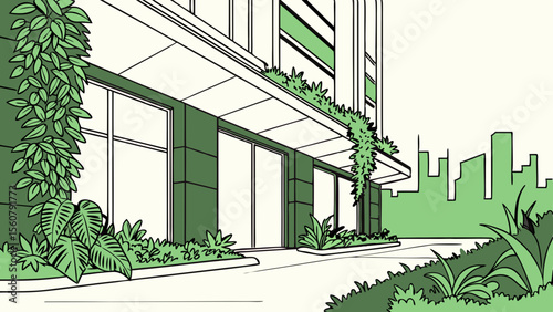 Modern building architecture facade with green plants and city skyline drawing illustration design vector