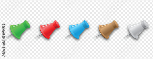 Realistic paper pins set isolated on transparent background, perfect for office supplies, presentations, stationery mockups, or digital design projects