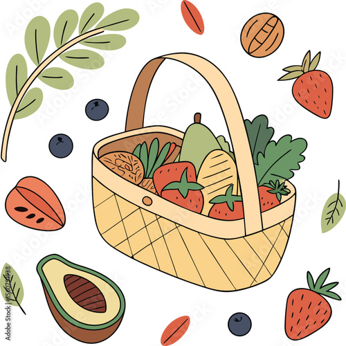 american colorful fruit basket vector design, healthy food illustration, printable design, transparent background