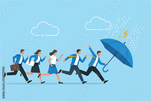 Business people running from rain under an umbrella isolated on transparent background