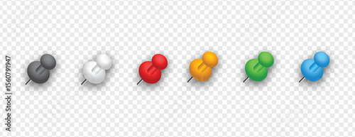 Realistic paper pins set isolated on transparent background, perfect for office supplies, presentations, stationery mockups, or digital design projects