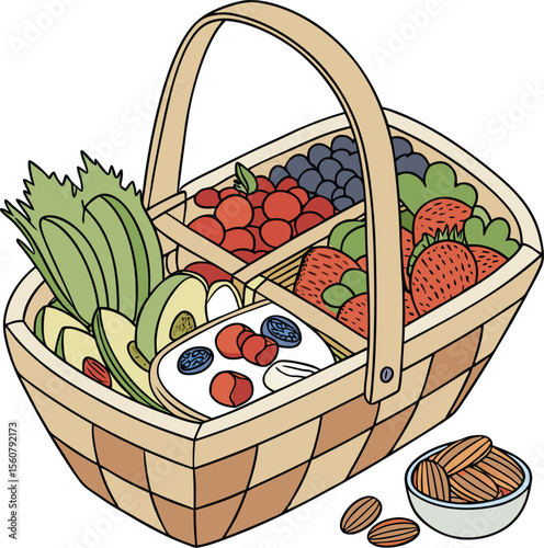 modern minimalist fruit basket vector art, healthy food printable design, transparent background
