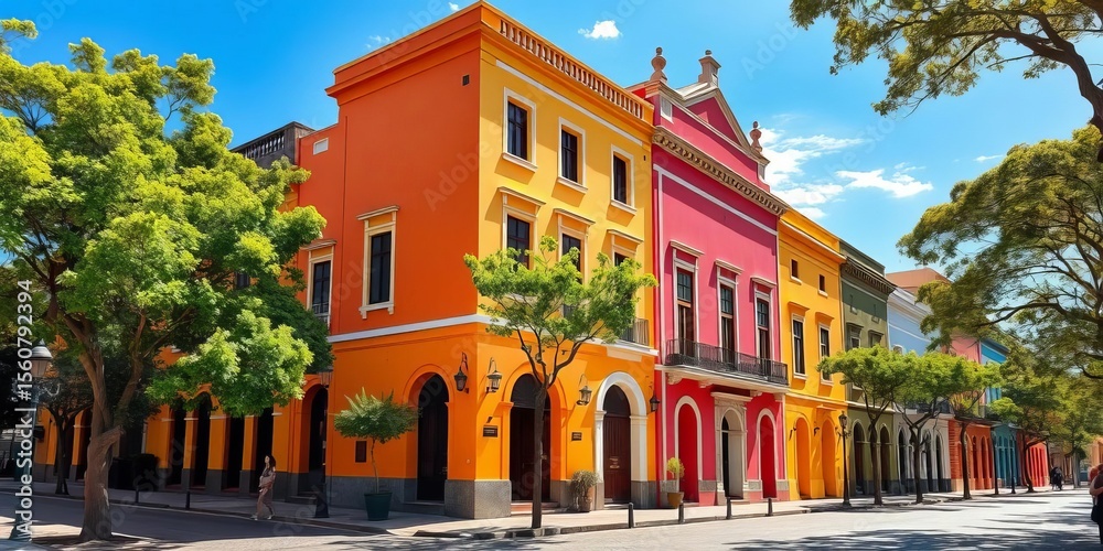 Naklejka premium Brightly colored colonial buildings line a sun-drenched, tree-shaded street in Colonia del Sacramento, Uruguay, charming, colorful buildings