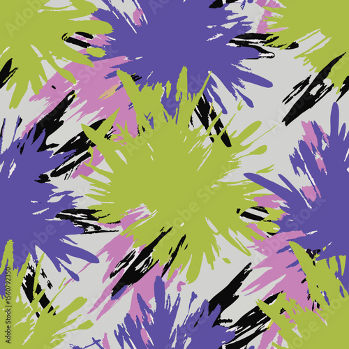 Abstract expressionist brushstroke pattern in green purple pink and black on gray background