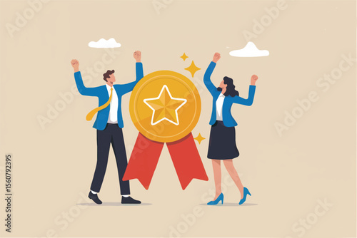 Successful business people celebrating with a gold medal isolated on transparent background