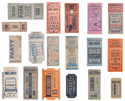 a collection of old vintage ticket isolated on white background