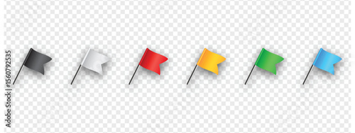 Realistic paper pins set isolated on transparent background, perfect for office supplies, presentations, stationery mockups, or digital design projects