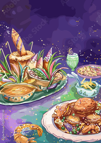 Colorful food arrangement with seafood, soups, and tropical drinks  