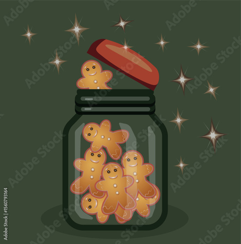 Gingerbread Cookies in a Jar with Sparkles – Cute Christmas Illustration