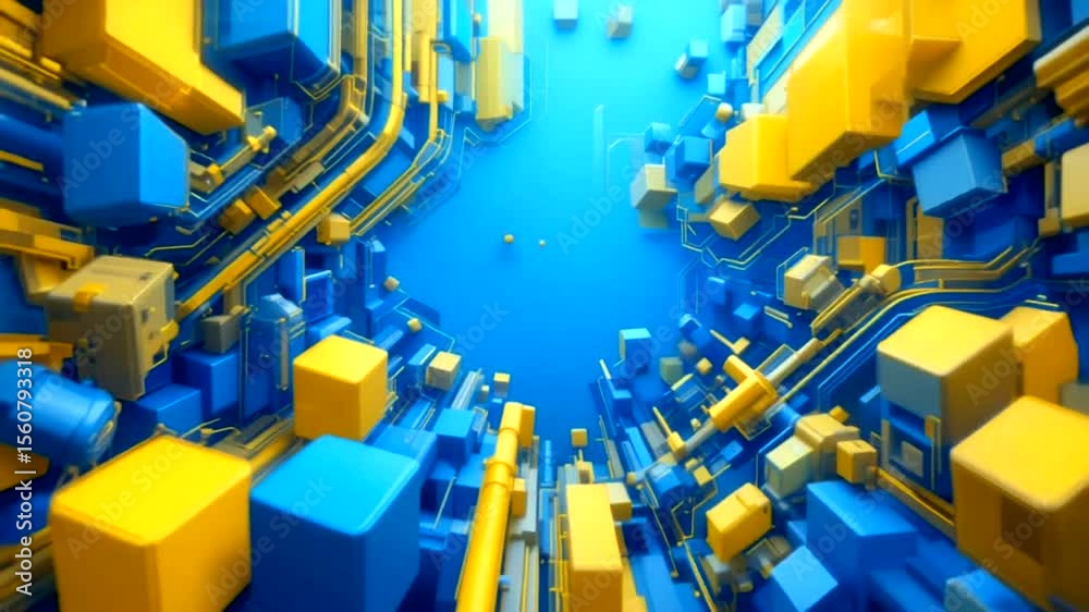 Abstract digital tunnel composed of blue and yellow geometric shapes, perspective view