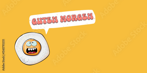 Guten morgen Good Morning in German quote with cute egg character and groovy retro text isolated on pink background. Vector Guten morgen funny slogan and morning cute fried egg. Banner, poster