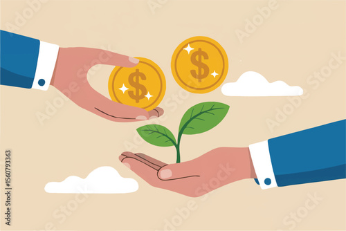 Flat cartoon vector illustration of hands exchanging money for a plant isolated on transparent background