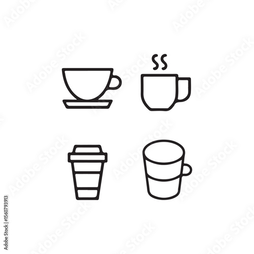Simple Line Art Illustration of Various Coffee Cups and Mugs.This image features four different types of coffee cups and mugs in a simple, elegant line art style.