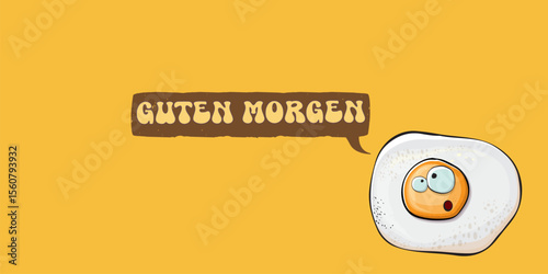 Guten morgen Good Morning in German quote with cute egg character and groovy retro text isolated on pink background. Vector Guten morgen funny slogan and morning cute fried egg. Banner, poster