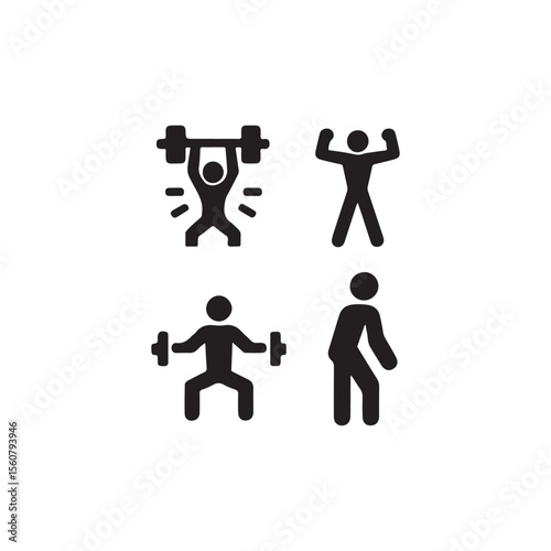 Simple Fitness Icons Depicting Various Exercise Styles.This image features four simple black and white icons of people performing different fitness activities.